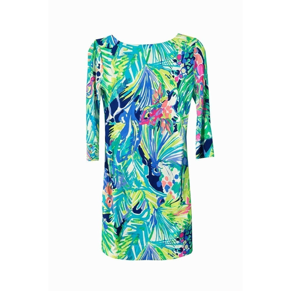 Lilly Pulitzer Sophie Shift Dress XS Tropical Print Gold Button Stretch Knit
